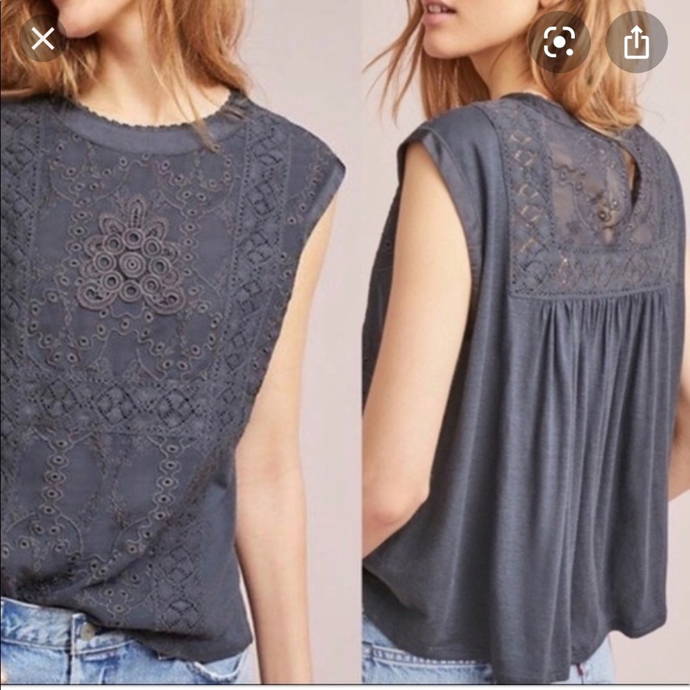 Anthropologie gray embroidered sleeveless blouse